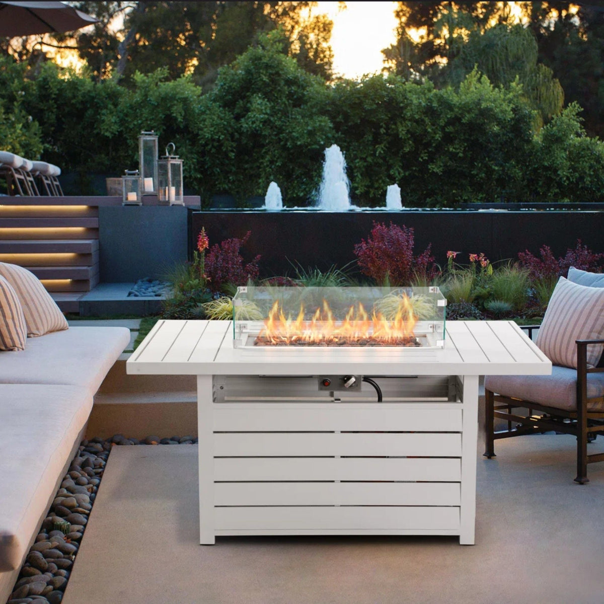 Rectangular propane fire pit table with stainless burner and glass wind guard, white finish on Tampa Home & Garden Store