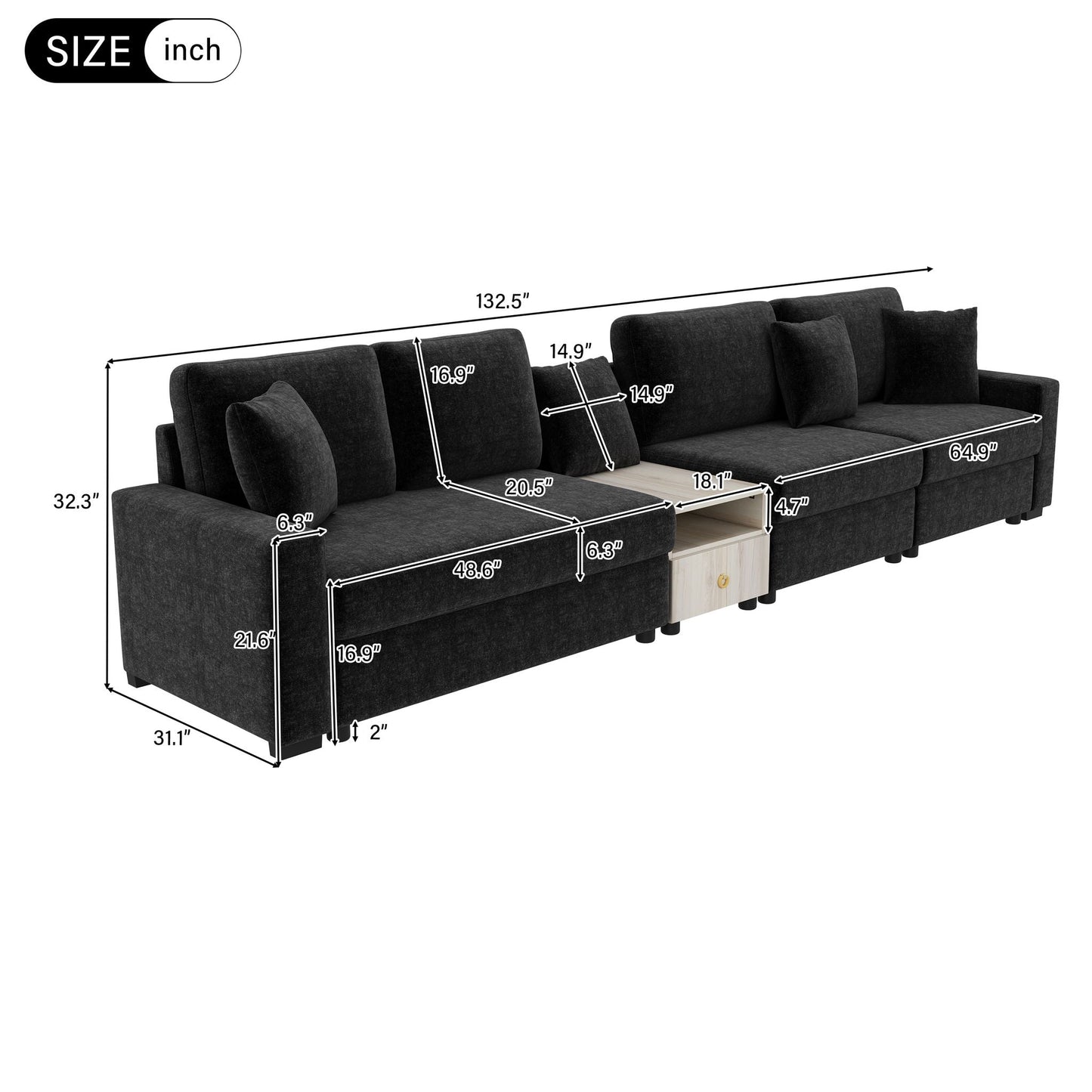 Modular sofa couch with storage armrest and center console by HouseOfZazla in dark gray fabric on Tampa Home & Garden Store