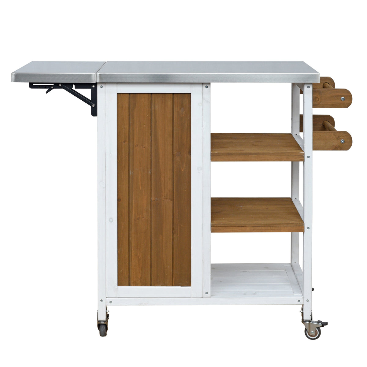 Foldable outdoor kitchen island with stainless steel top, white frame, caster wheels on Tampa Home & Garden Store