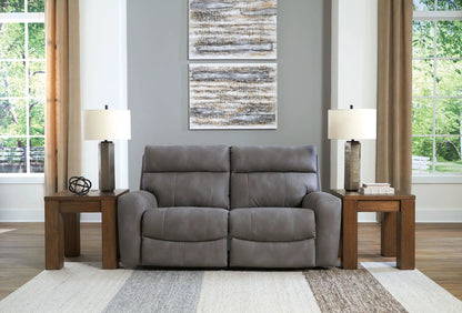 Next-Gen Durapella reclining sectional in gray fabric with plush cushions on Tampa Home & Garden Store