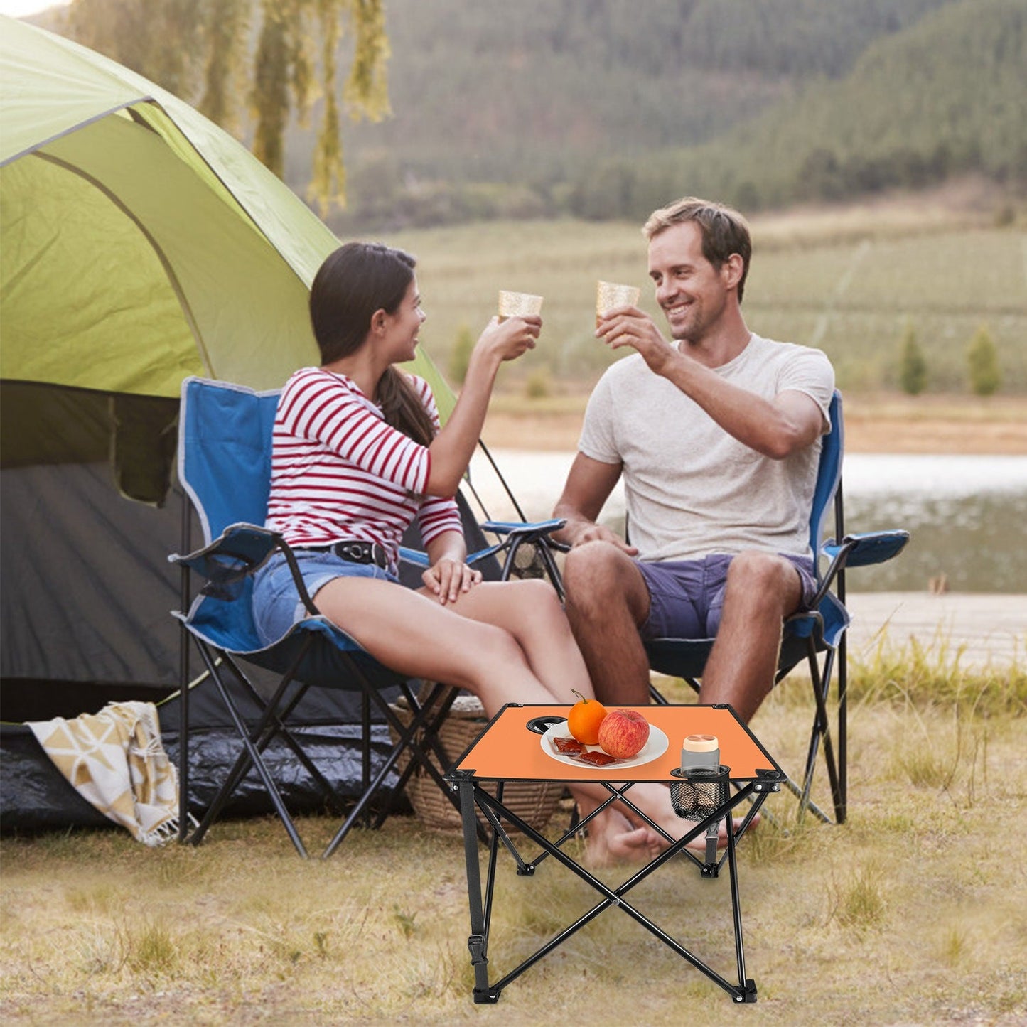 GemGear 2-pack foldable camping tables with orange tops, cup holders and carrying bag at campsite on Tampa Home & Garden Store