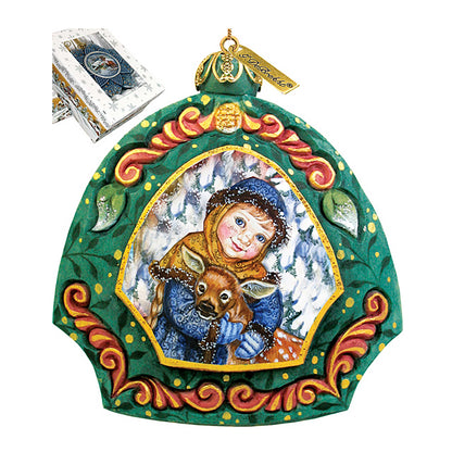 Girl with Deer sculpted hand-painted Christmas ornament in green with gold trim by G. DeBrekht on Tampa Home & Garden Store