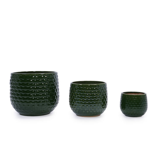 3-piece dark green glazed ribbed planter set for patio, garden or windowsill on Tampa Home & Garden Store