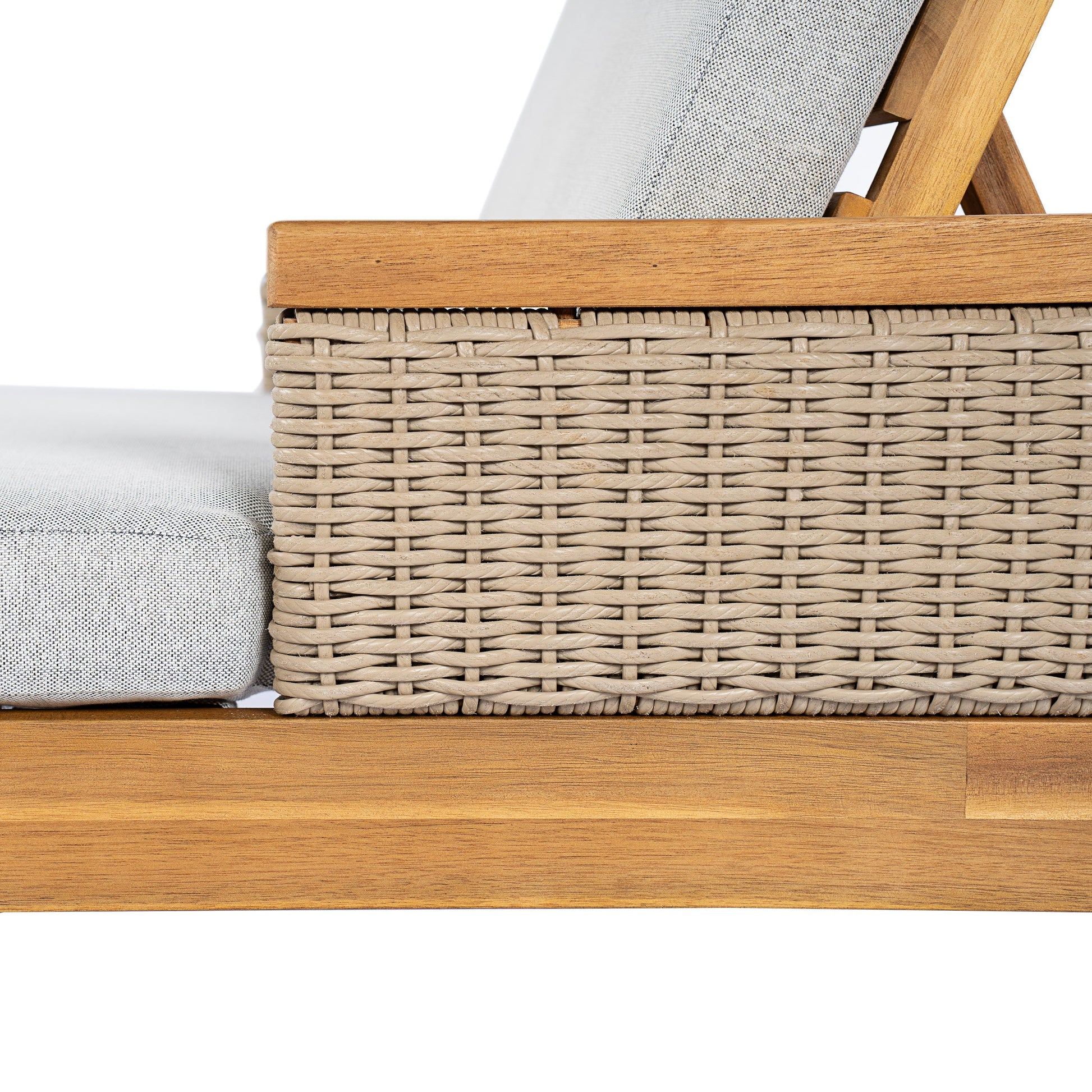 Solid acacia wood sun lounger with light grey wicker base and grey cushions on Tampa Home & Garden Store