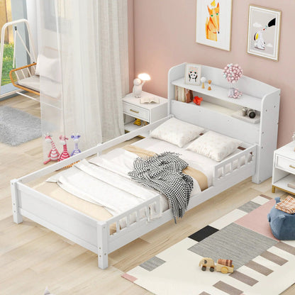 Wood Platform Bed With Led Light and Guardrail