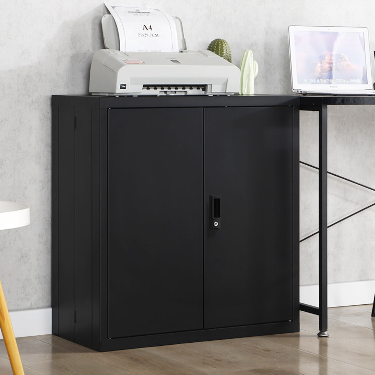 Metal storage cabinet with locking doors and adjustable shelf, printer on top on Tampa Home & Garden Store