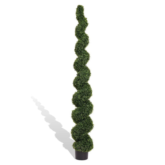 Artificial outdoor UV-resistant plastic boxwood topiary spiral tree in a dark pot on Tampa Home & Garden Store