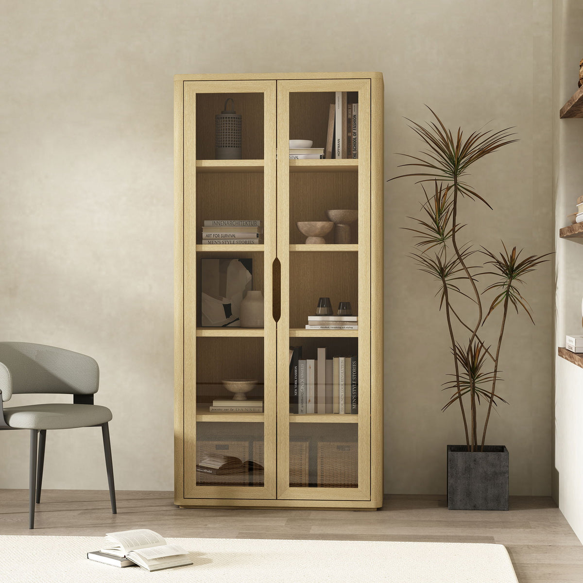 Bookcase cabinet wood with glass doors and adjustable shelves storing books and decor on Tampa Home & Garden Store