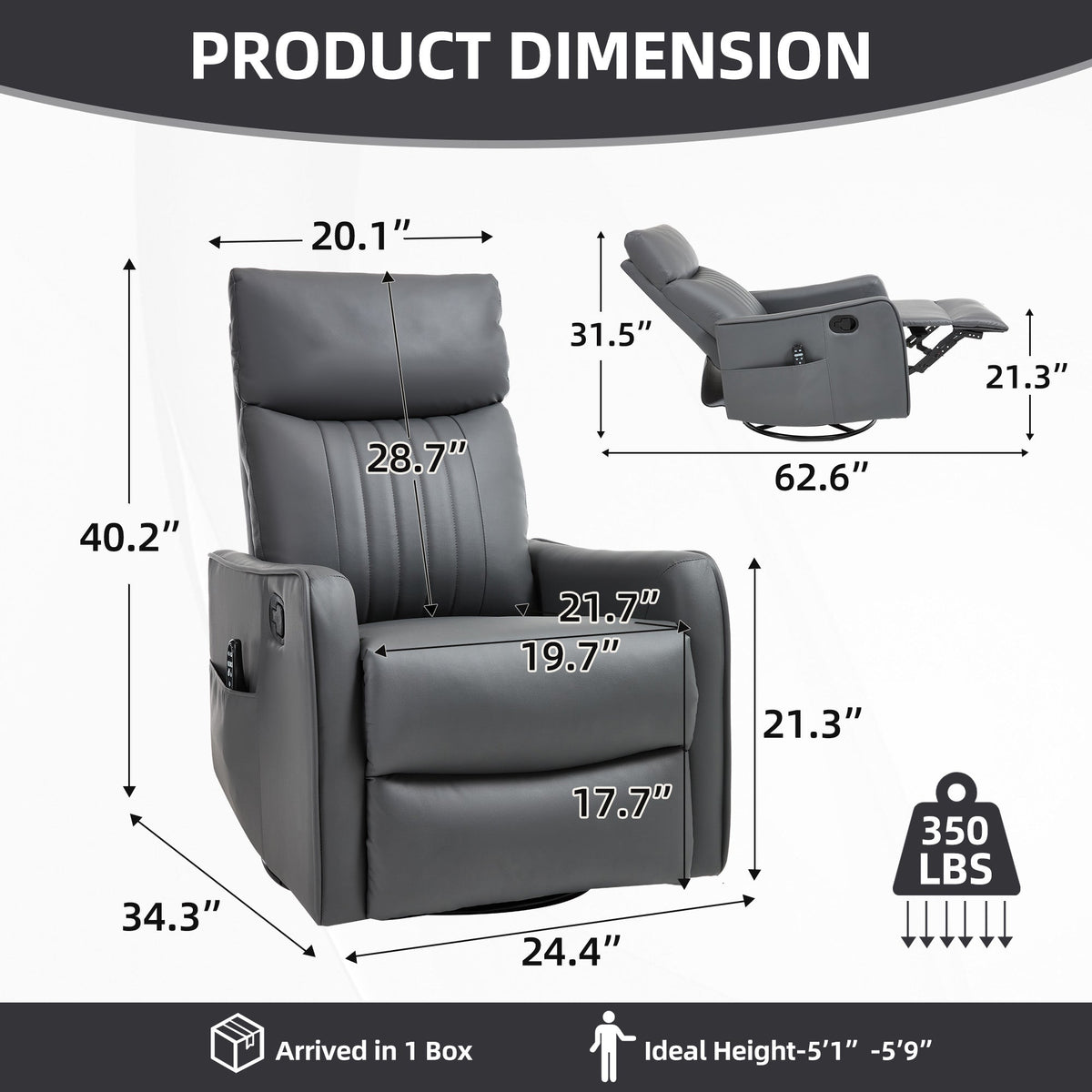 Grey faux leather heat massage manual recliner chair by HouseOfZazla with rocker and swivel on Tampa Home & Garden Store