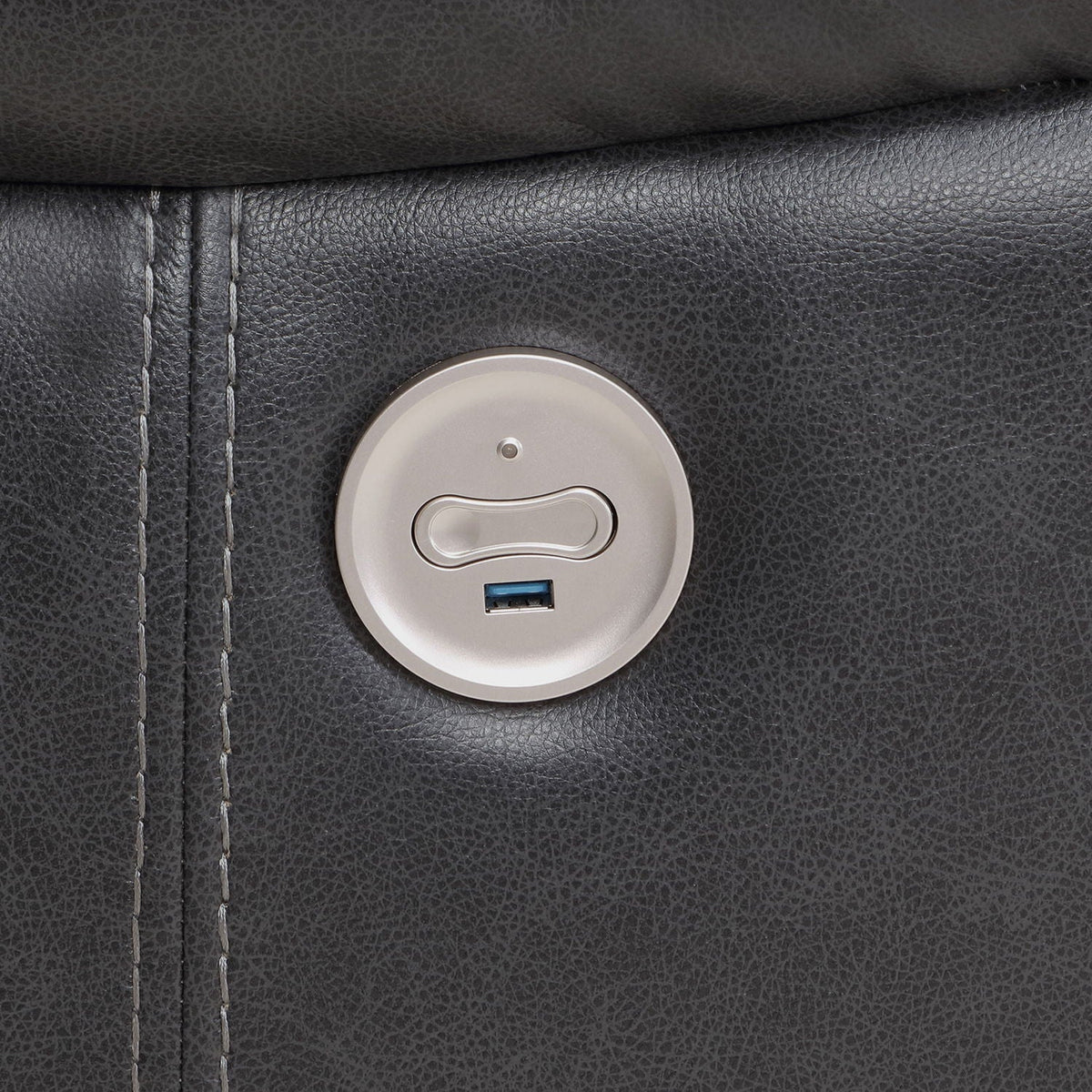 Salerno upholstered power reclining sectional sofa control panel in dark gray leather with USB port on Tampa Home & Garden Store