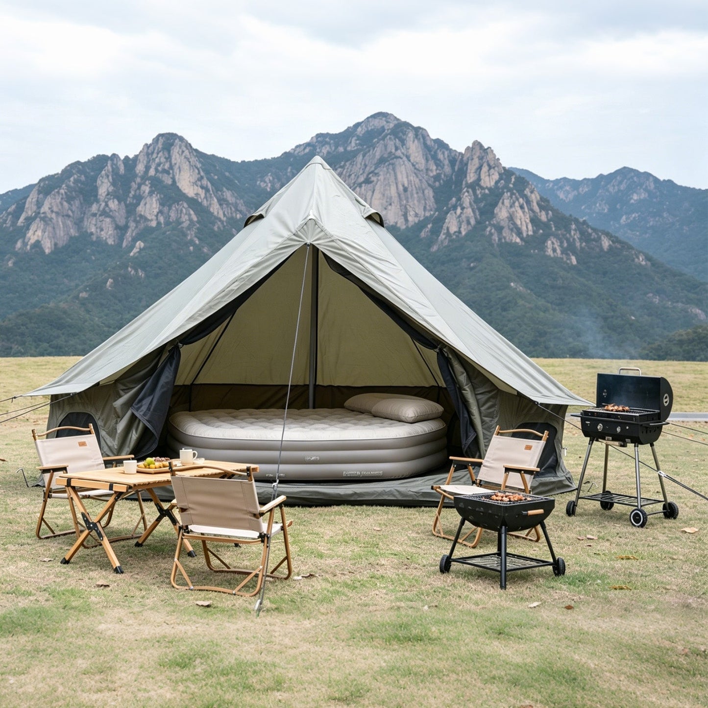 GemGear Oxford Bell Tent 13.1ft beige canvas with stove jack, inflatable bed inside, grill on Tampa Home & Garden Store