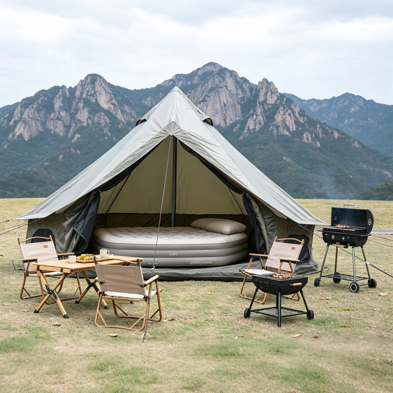 GemGear Oxford Bell Tent 13.1ft beige canvas with stove jack, inflatable bed inside, grill on Tampa Home & Garden Store