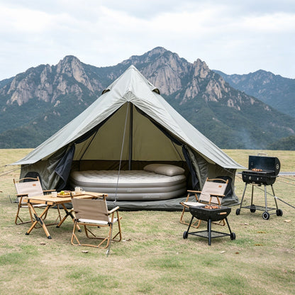 GemGear Oxford Bell Tent 13.1ft beige canvas with stove jack, inflatable bed inside, grill on Tampa Home & Garden Store