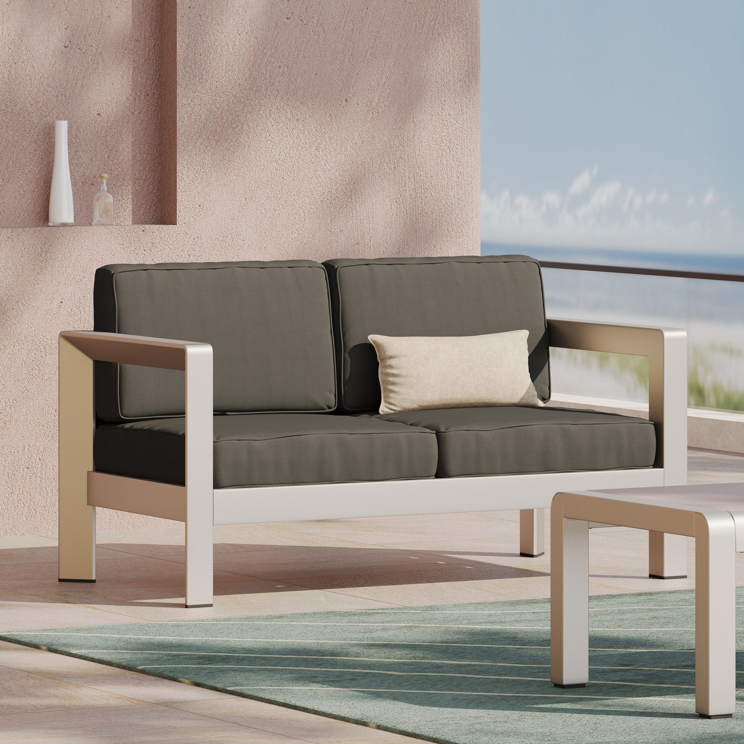 Outdoor aluminum loveseat - low-profile frame with deep charcoal cushions by HouseOfZazla on Tampa Home & Garden Store
