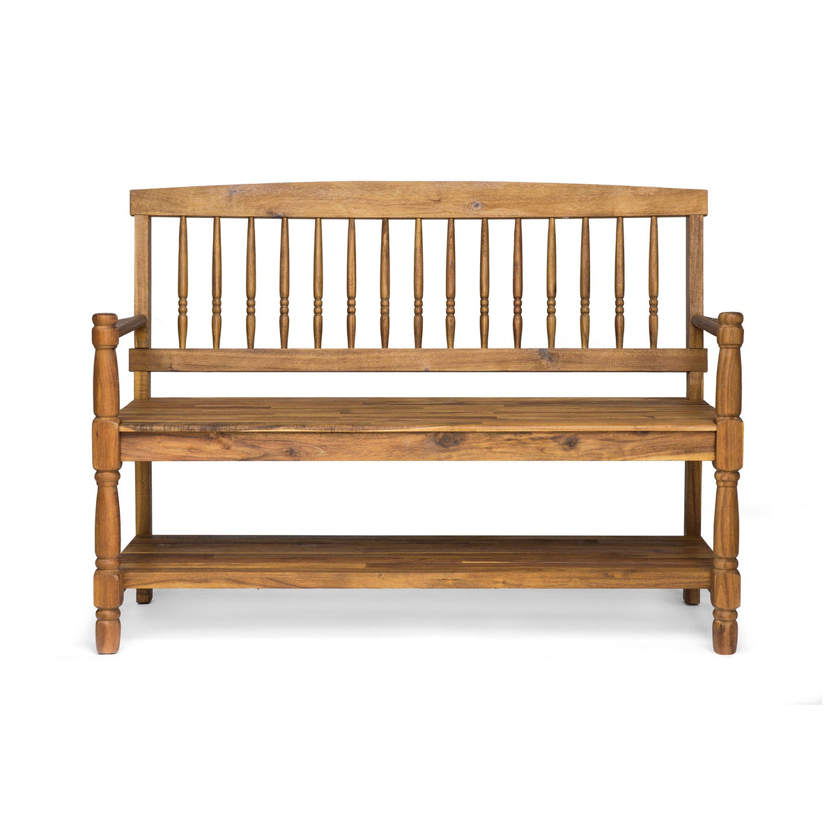 Imperial bench with built-in shelf in light brown acacia wood by HouseOfZazla on Tampa Home & Garden Store