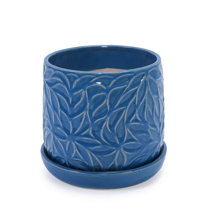 Set of 2 navy blue ceramic flowerpots with leaf relief pattern, 7-inch modern planters on Tampa Home & Garden Store