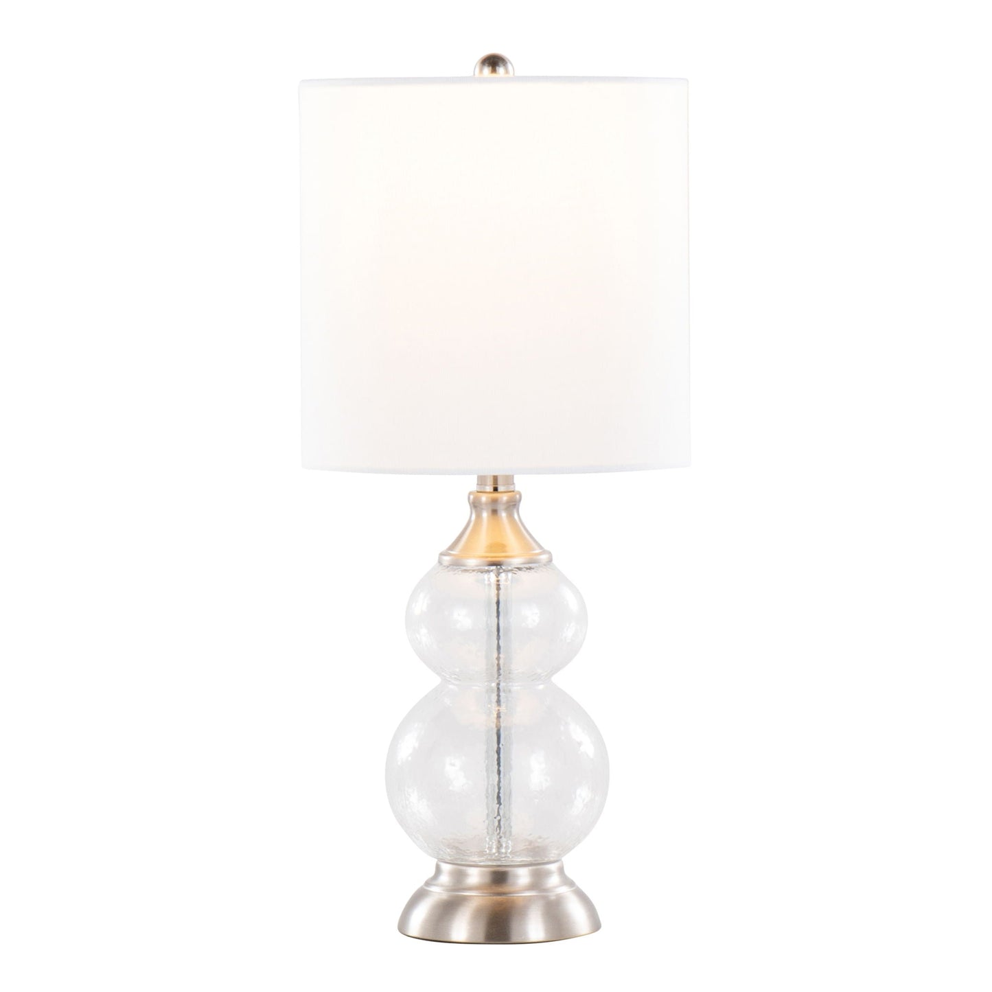 Belle Contemporary Lamp set of 2 with clear glass globe base and white drum shade on Tampa Home & Garden Store