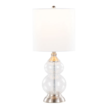 Belle Contemporary Lamp set of 2 with clear glass globe base and white drum shade on Tampa Home & Garden Store