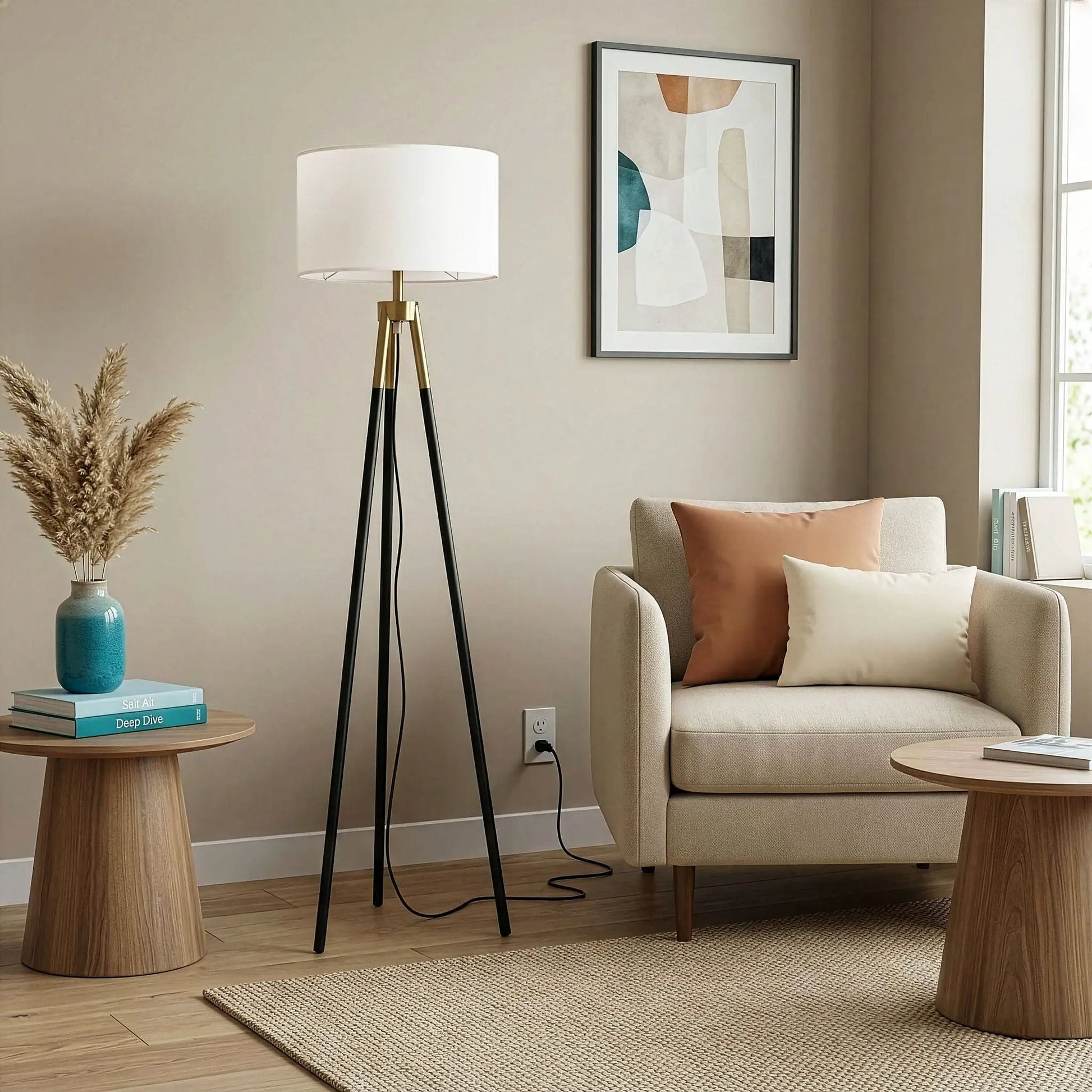 Sway floor lamp with white shade on triple black and gold legs on Tampa Home & Garden Store