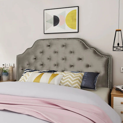 Luella Button Tufted Upholstered Headboard in gray with silver nailhead trim on Tampa Home & Garden Store