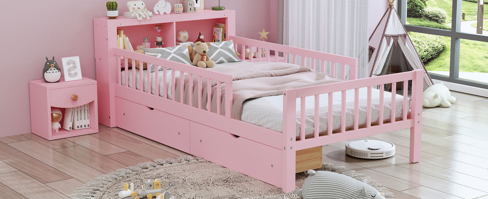 Bed with headboard storage, pink bed with 2 under-bed drawers and 3 guardrails by HouseOfZazla on Tampa Home & Garden Store