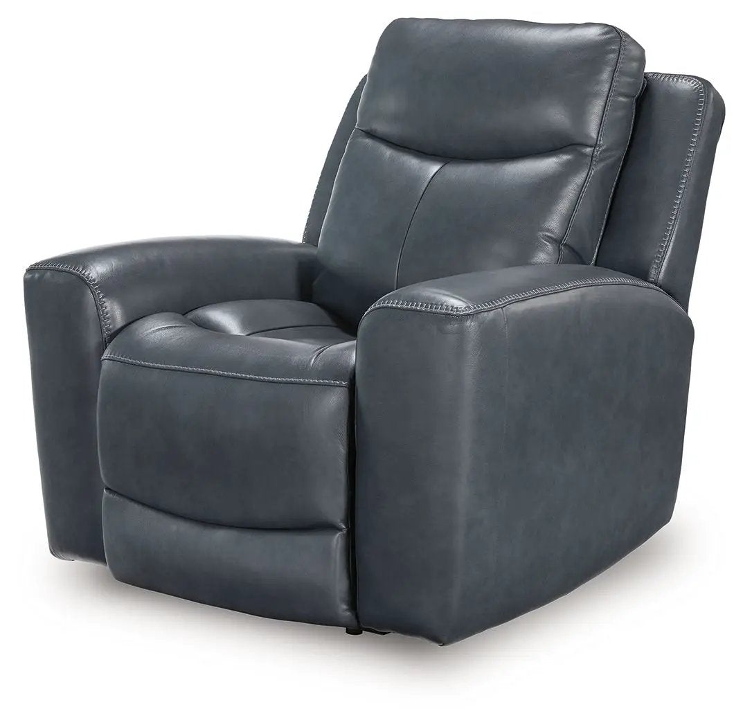 Bexhurst Power Recliner with Adjustable Headrest in dark gray leather, sleek padded arms on Tampa Home & Garden Store