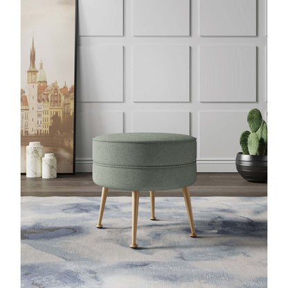 Bailey Upholstered Accent Ottoman, sage-green fabric, round with light wood legs, HouseOfZazla on Tampa Home & Garden Store