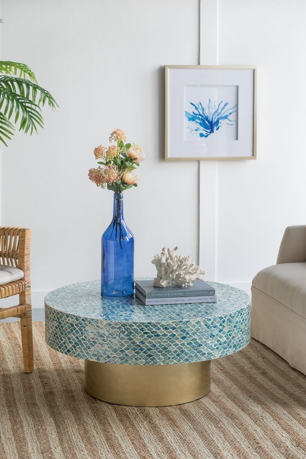 Capiz coffee table with pedestal base, round blue mosaic top on brass pedestal on Tampa Home & Garden Store