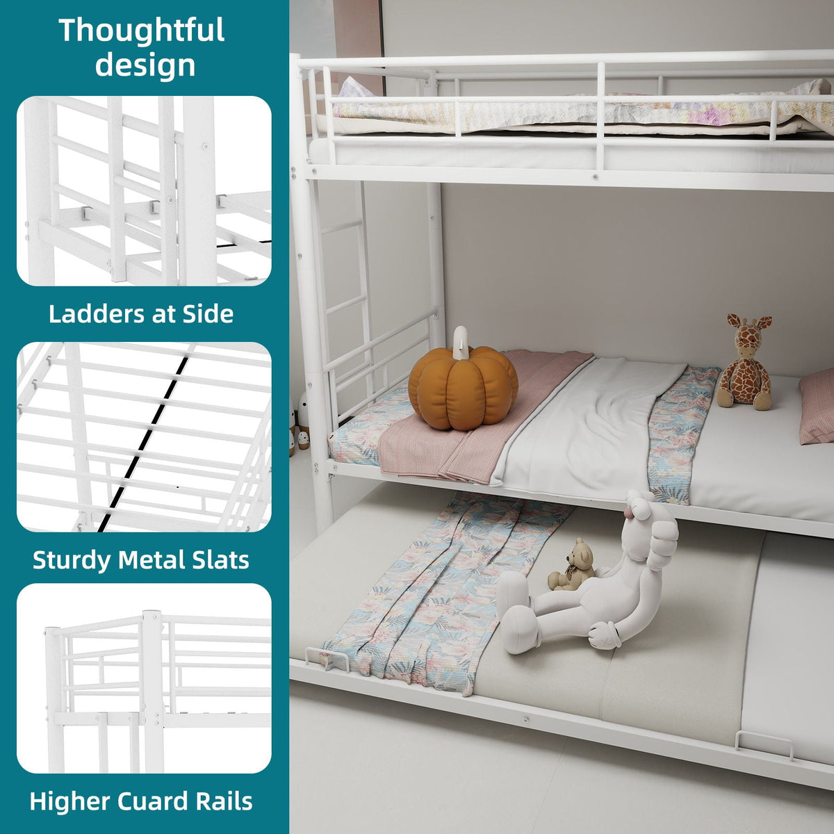 Bunk Bed for Kids white metal frame with side ladders and guardrails HouseOfZazla on Tampa Home & Garden Store