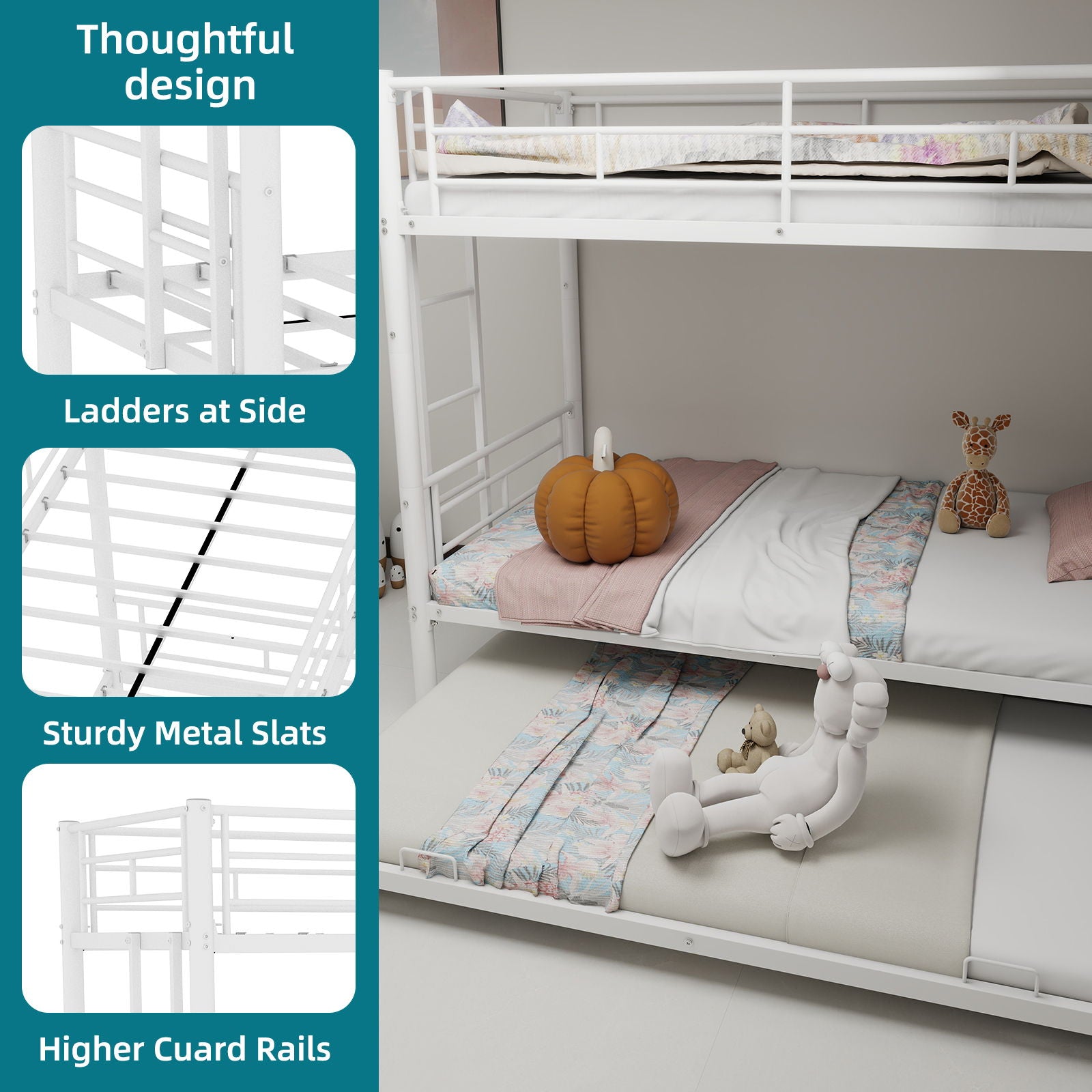 Bunk Bed for Kids white metal frame with side ladders and guardrails HouseOfZazla on Tampa Home & Garden Store