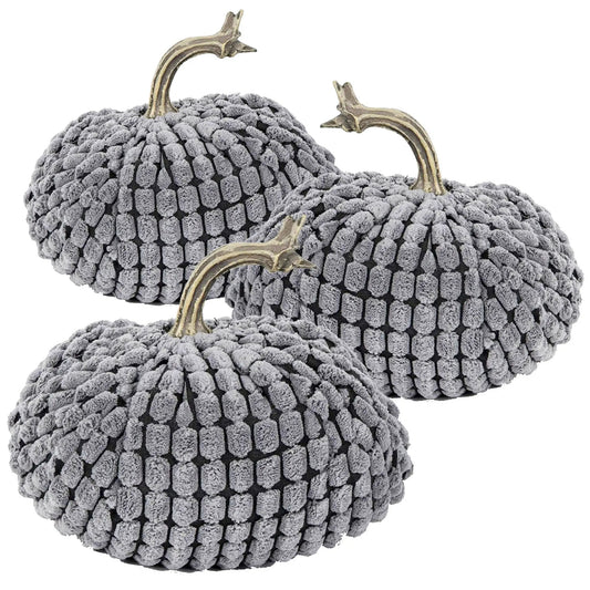 Weighted pumpkin ornament decor, gray textured pumpkins with beige stems, 3-pack on Tampa Home & Garden Store