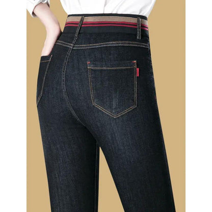 Elastic Waist Velvet Padded Jeans in dark denim with striped waistband and back pocket on Tampa Home & Garden Store