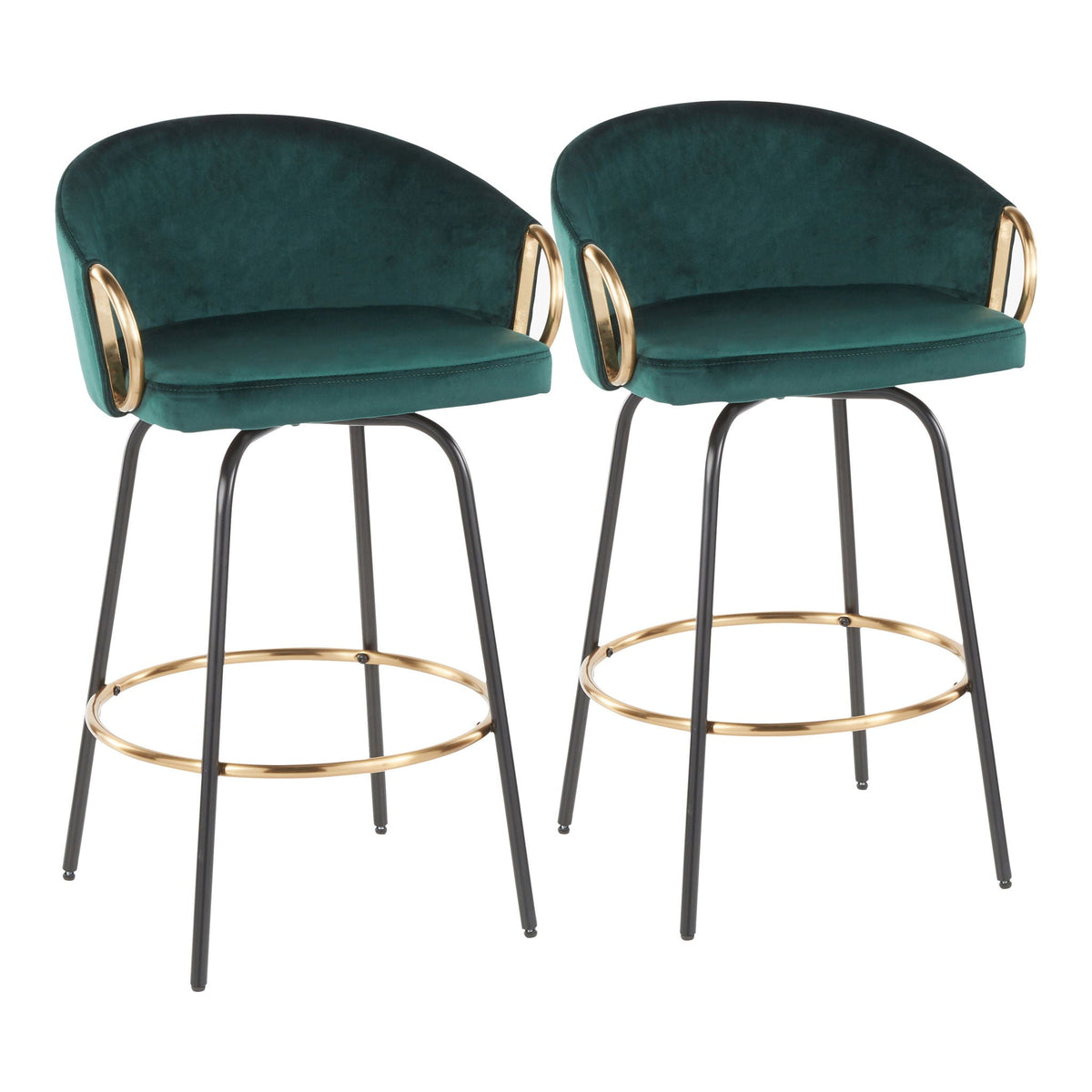 Contemporary glam counter stool set of 2 with dark green velvet and gold ring arms HouseOfZazla on Tampa Home & Garden Store