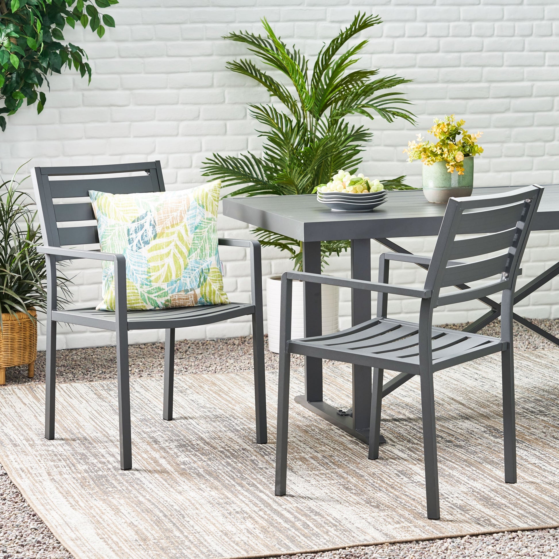 Outdoor modern aluminum dining chairs set of 2 in gun metal gray with slatted backs on Tampa Home & Garden Store