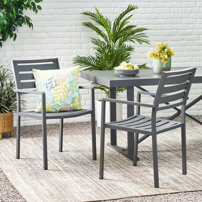 Outdoor modern aluminum dining chairs set of 2 in gun metal gray with slatted backs on Tampa Home & Garden Store