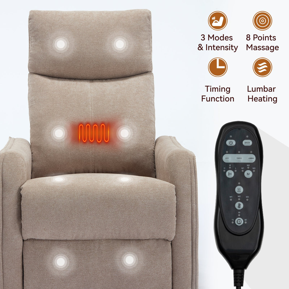 Heat Massage Manual Recliner Chair in khaki fabric by HouseOfZazla with remote on Tampa Home & Garden Store