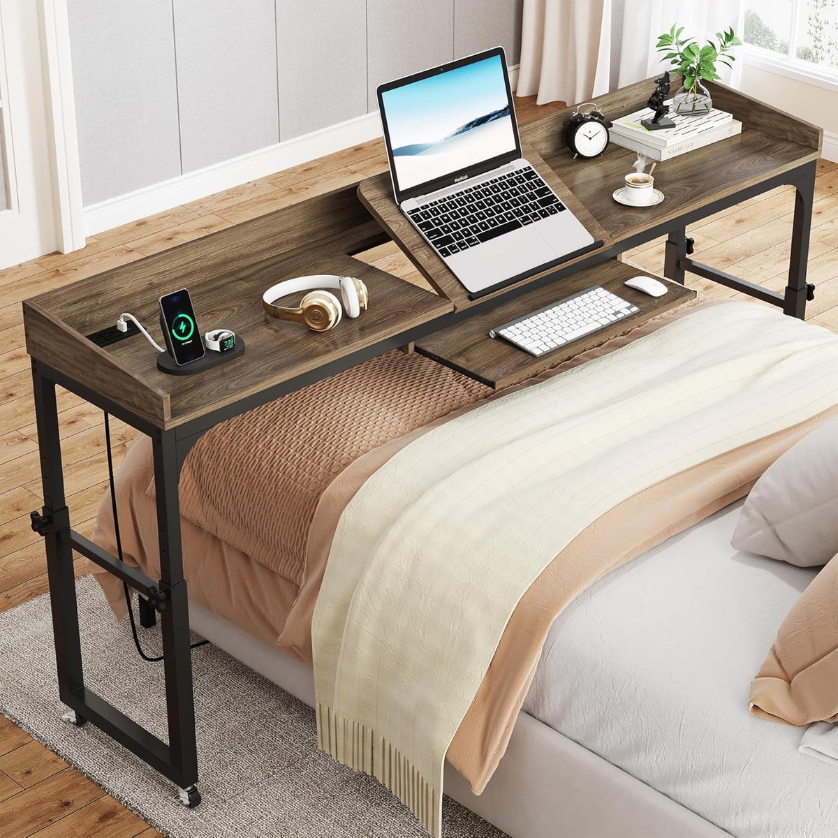 Overbed table with wheels dark gray wood top HouseOfZazla computer desk on Tampa Home & Garden Store