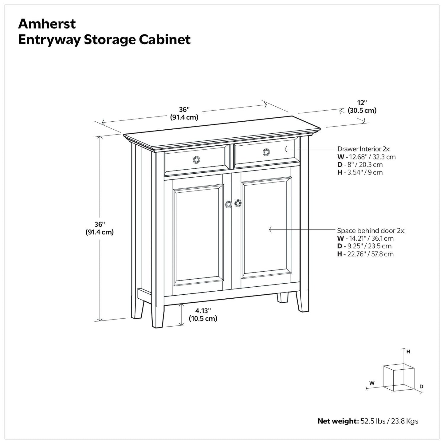 Amherst Entryway Storage Cabinet line diagram with 2 drawers 2 doors HouseOfZazla accent cabinet on Tampa Home & Garden Store