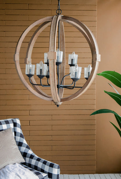 Chandelier hanging light fixture with adjustable chain, wooden ring frame and glass candle cups on Tampa Home & Garden Store