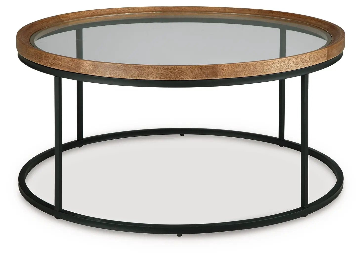 Noraluna round end table with glass top and copper rim, black metal frame, lower mirrored shelf on Tampa Home & Garden Store