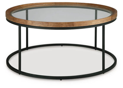 Noraluna round end table with glass top and copper rim, black metal frame, lower mirrored shelf on Tampa Home & Garden Store