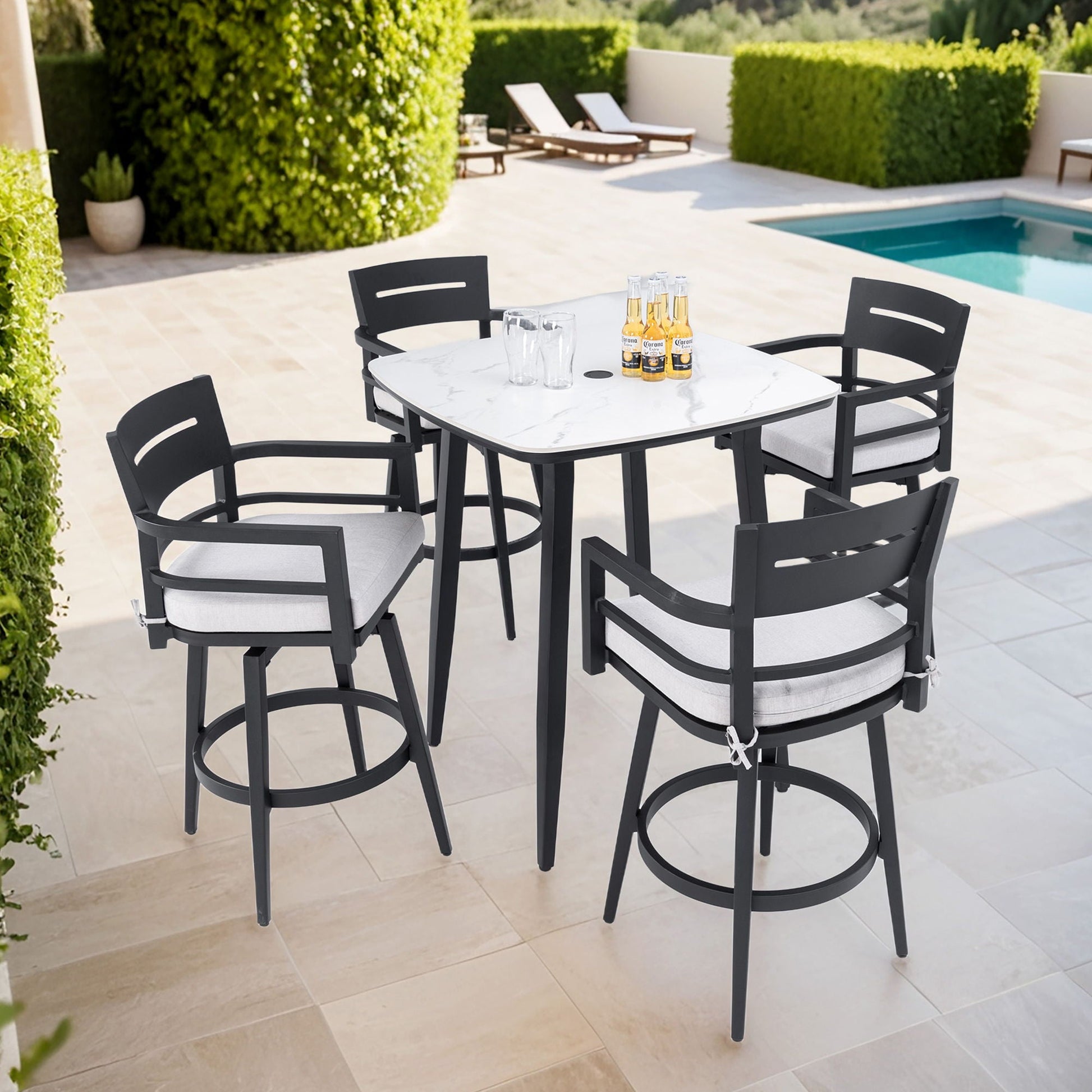 Modern outdoor bar set with rounded square table and 4 bar chairs dark frame Sunbrella cushions on Tampa Home & Garden Store