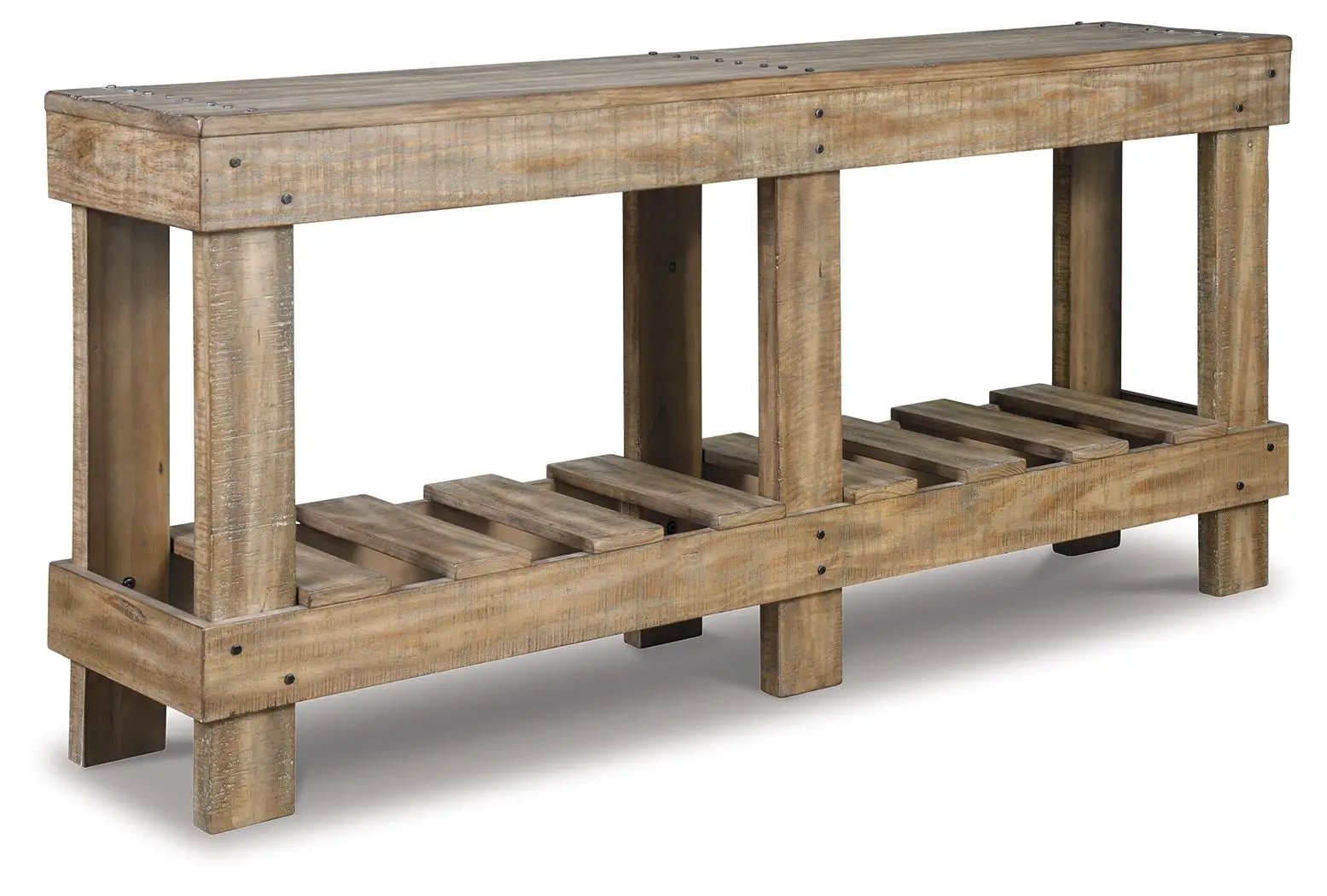 Susandeer Console Table, brown wood, lower shelf, chunky legs on Tampa Home & Garden Store