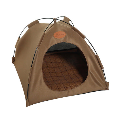 Foldable cat outdoor tan tent by Sell My Stuff, with circular front opening and plaid mat on Tampa Home & Garden Store