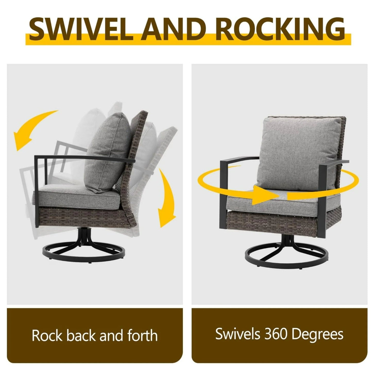 3-Piece Patio Furniture Set with gray cushions, swivel rockers and side table on Tampa Home & Garden Store