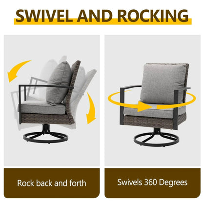3-Piece Patio Furniture Set with gray cushions, swivel rockers and side table on Tampa Home & Garden Store
