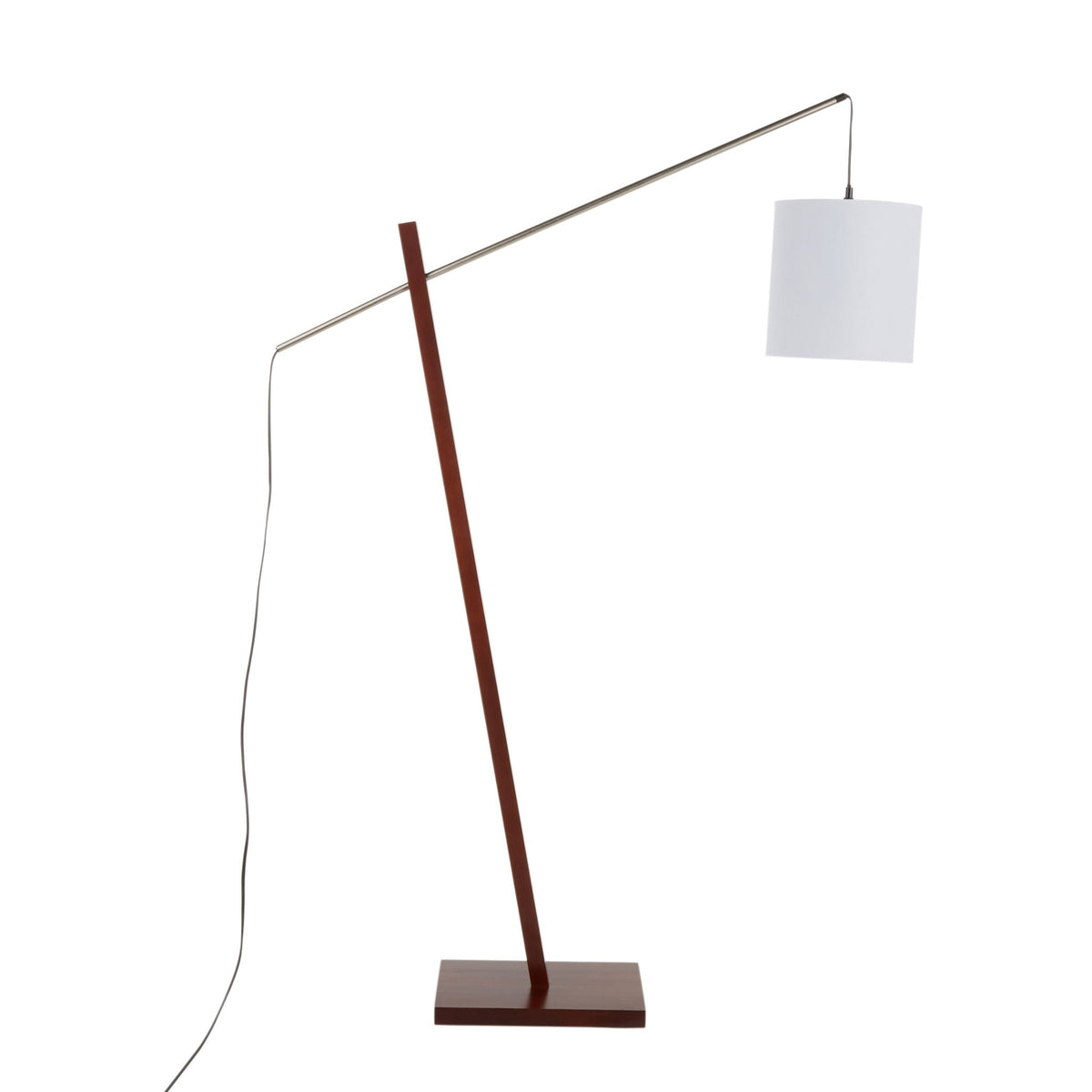 Arturo Contemporary Floor Lamp by HouseOfZazla, diagonal metal arm, wood finish, white shade on Tampa Home & Garden Store