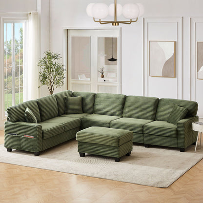 Upholstered U-shaped sectional sofa in green corduroy with movable ottoman and side pockets on Tampa Home & Garden Store