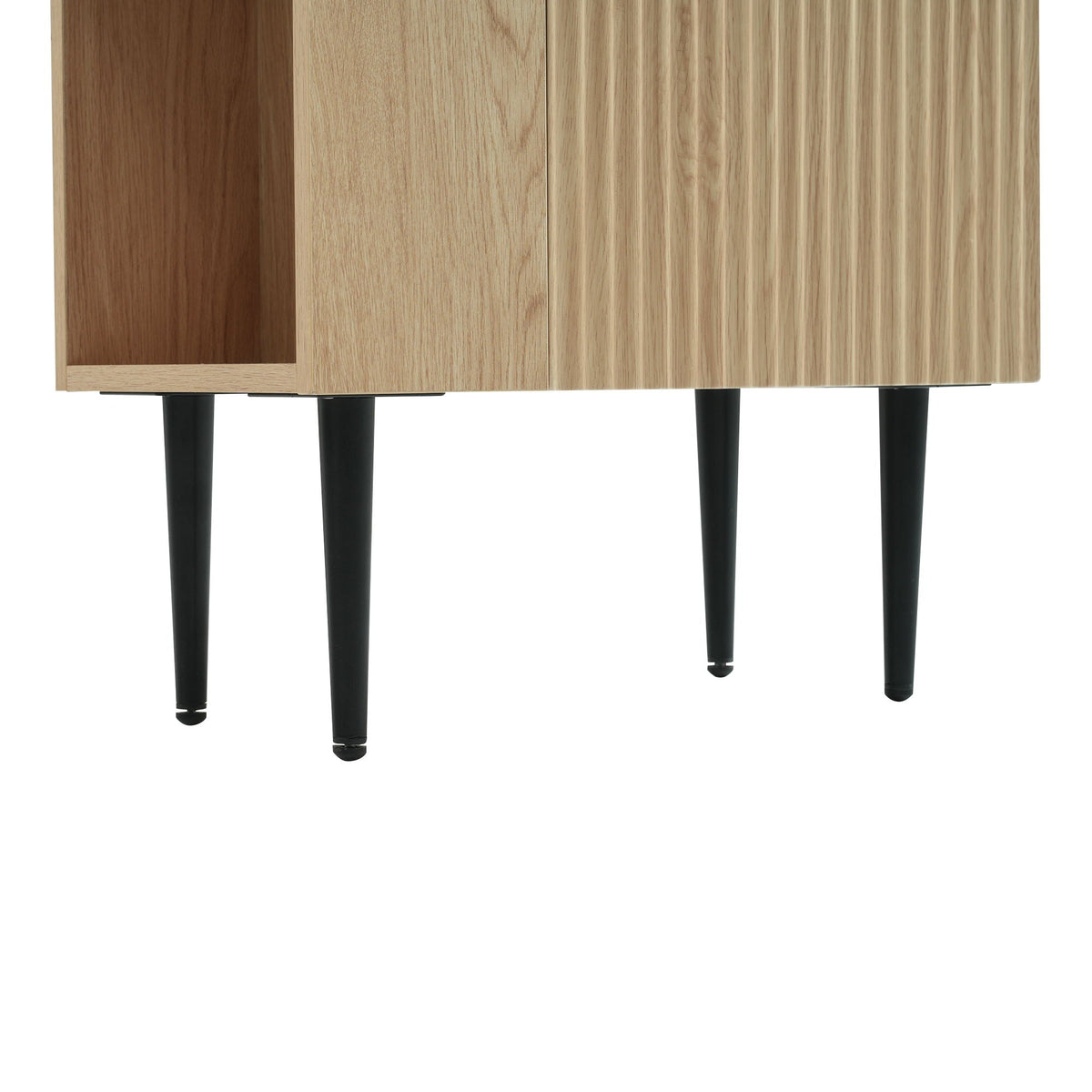 Bathroom vanity cabinet in light oak finish with open left storage and black tapered legs on Tampa Home & Garden Store