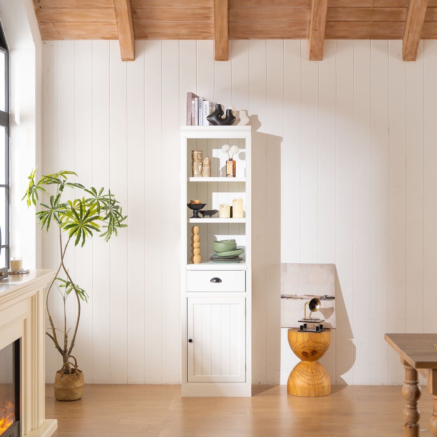 Retro White Tall Display Shelf and Cabinet